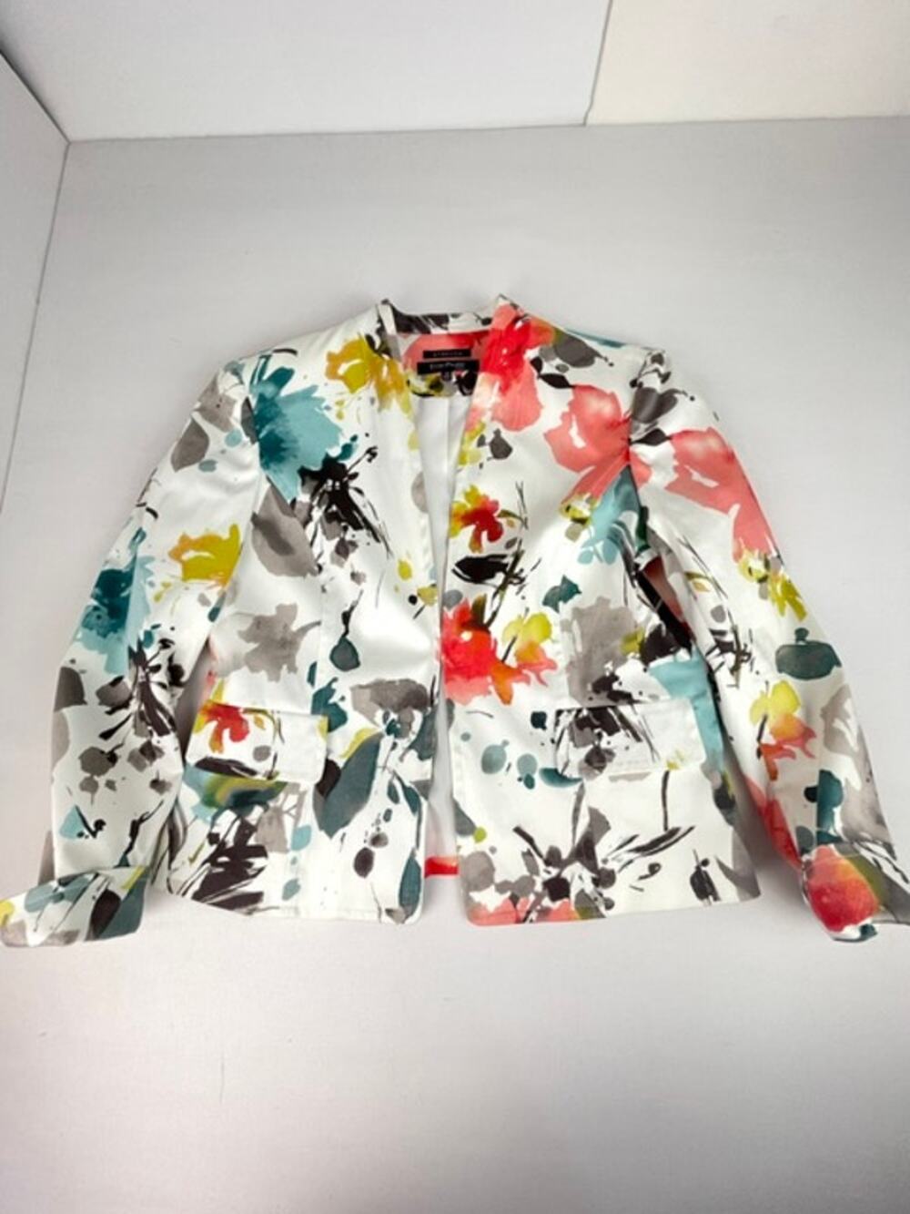 Evan-Picone Stretch Watercolor Floral Open Front Blazer Jacket Petite 12P Career